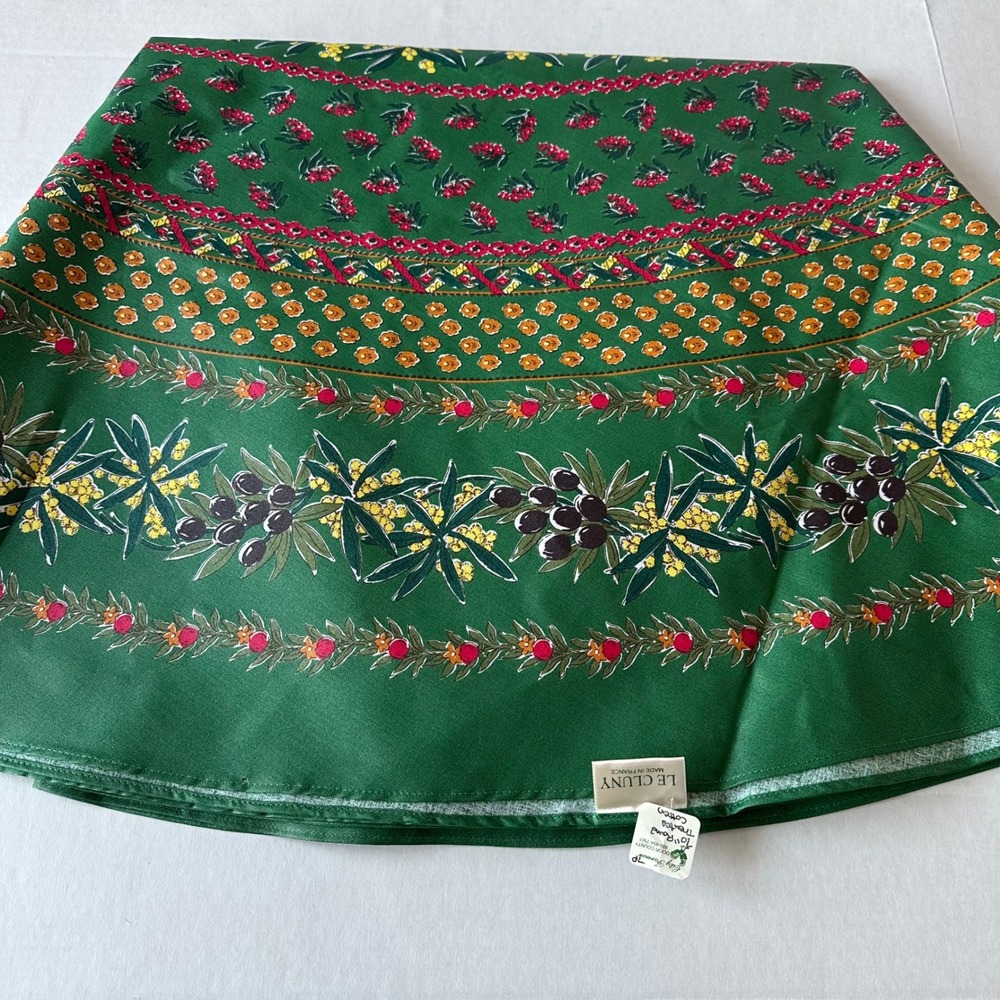 Le Cluny French Tablecloth 70 Round Green Olive Floral Treated Cotton France